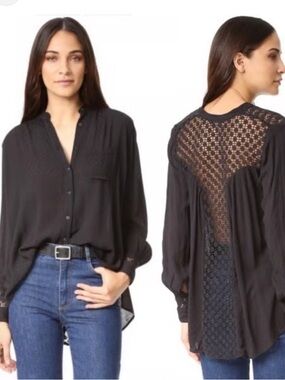 Free People Black Button-Down Blouse with Crochet Lace Back Medium
